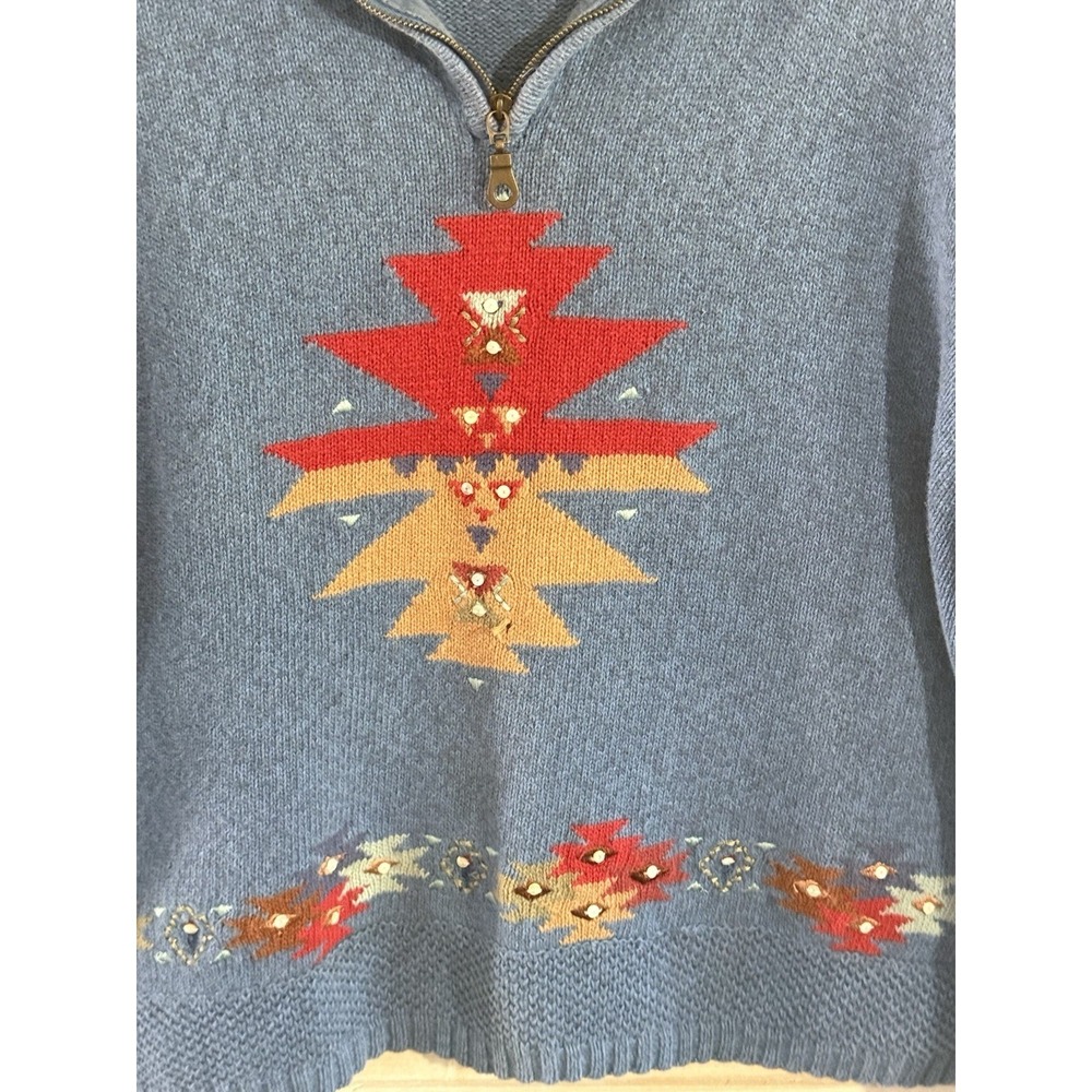 VTG Cricket Lane Collection Aztec  1/4 Zip Blue Sweater  Cotton Blend Size Med. - Picture 2 of 7